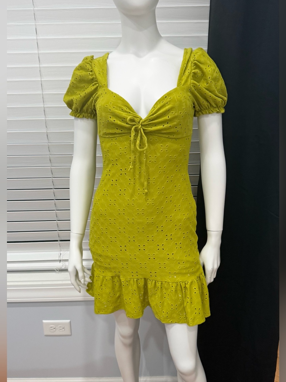 Olive Eyelet Puff-Sleeve Mini Dress - Unbranded